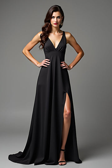 A Line Deep V-Neck Black Dress With Slit